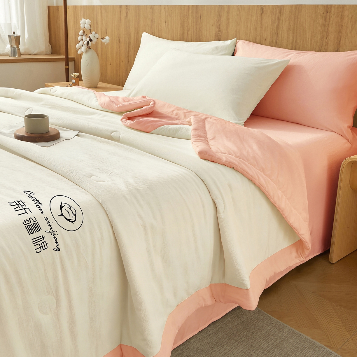 91家纺网 家纺一手货源 找家纺 晓时候 2026春夏新款纯色水洗棉双拼夏被新疆棉花被夏凉被空调被被子被芯-素夏 素夏-白粉