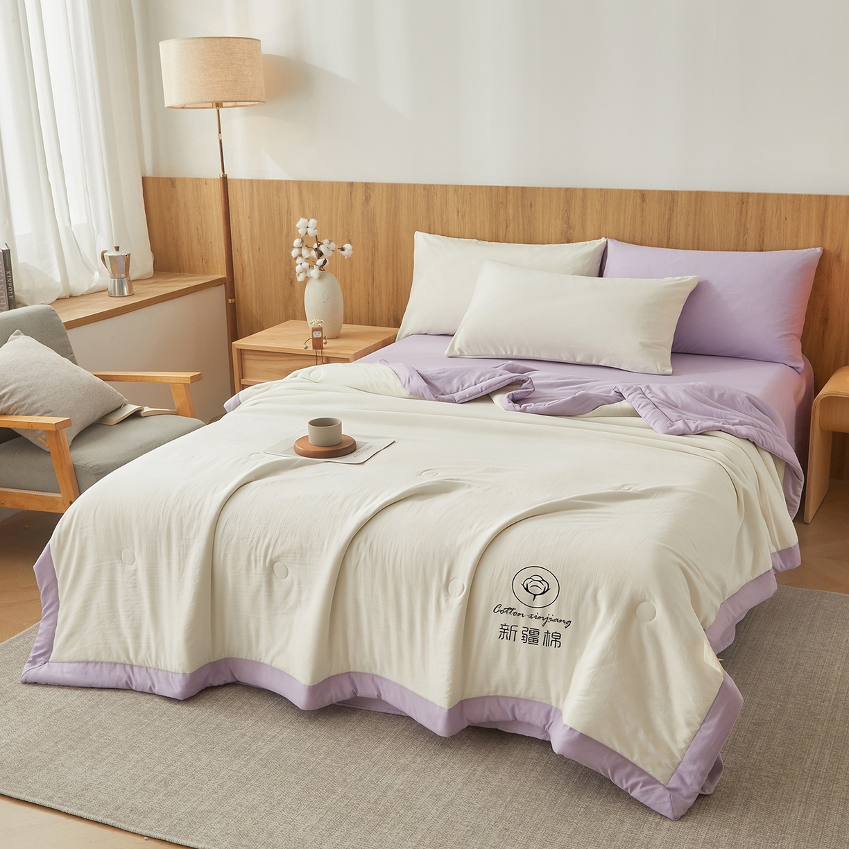 91家纺网 家纺一手货源 找家纺 晓时候 2026春夏新款纯色水洗棉双拼夏被新疆棉花被夏凉被空调被被子被芯-素夏 素夏-白紫