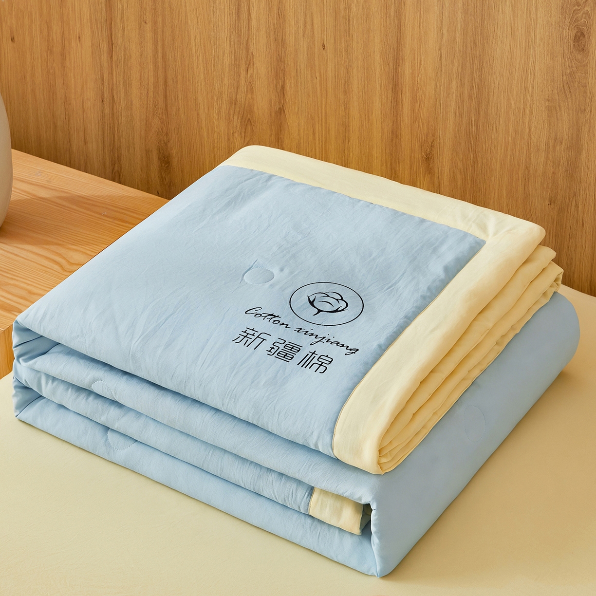 91家纺网 家纺一手货源 找家纺 晓时候 2026春夏新款纯色水洗棉双拼夏被新疆棉花被夏凉被空调被被子被芯-素夏 素夏-蓝黄