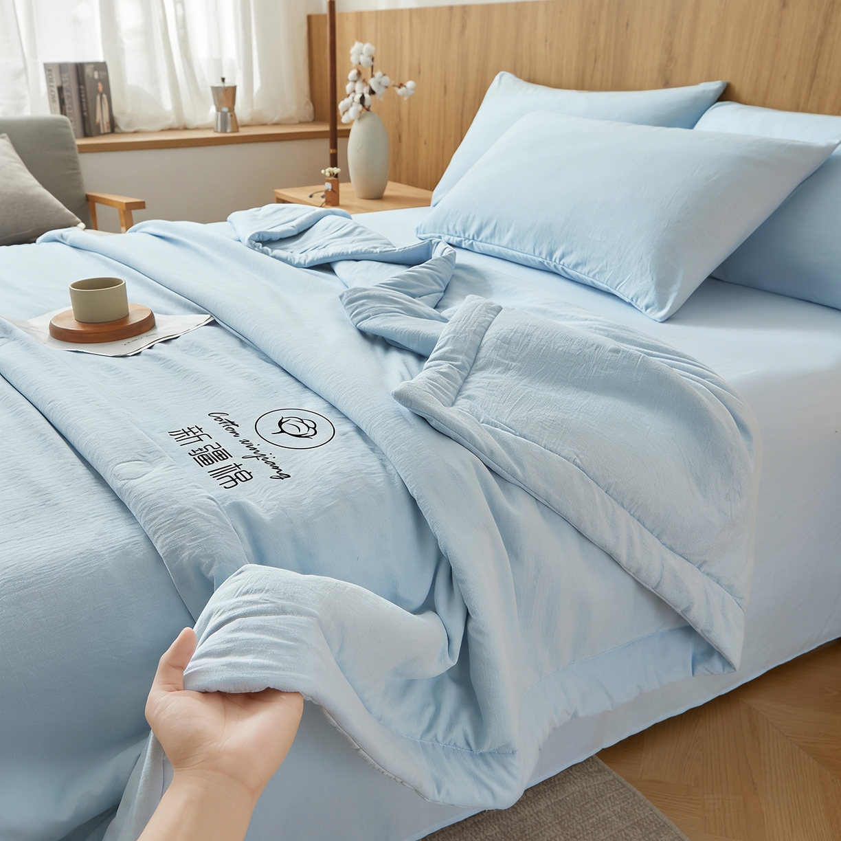 91家纺网 家纺一手货源 找家纺 晓时候 2026春夏新款纯色水洗棉双拼夏被新疆棉花被夏凉被空调被被子被芯-素夏 素夏-天蓝