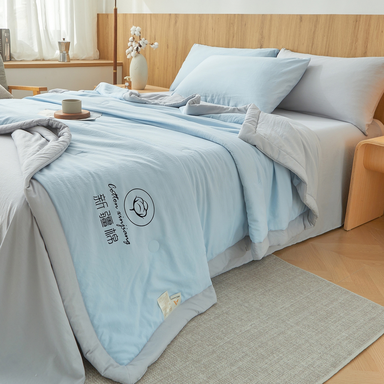 91家纺网 家纺一手货源 找家纺 晓时候 2026春夏新款纯色水洗棉双拼夏被新疆棉花被夏凉被空调被被子被芯-素夏 素夏-蓝灰