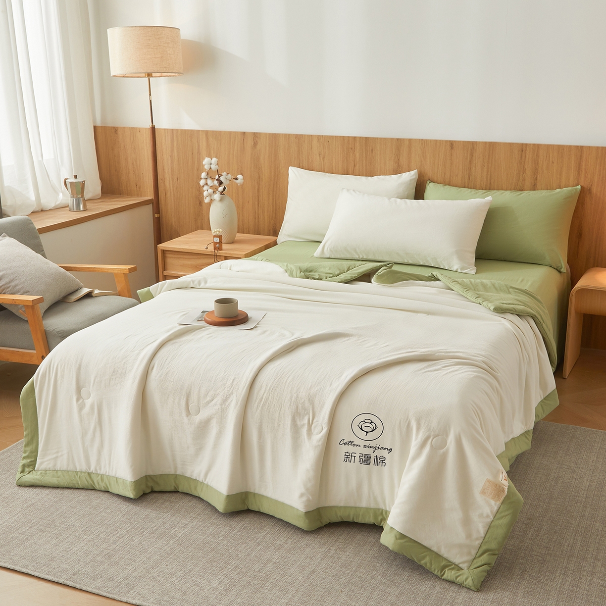 91家纺网 家纺一手货源 找家纺 晓时候 2026春夏新款纯色水洗棉双拼夏被新疆棉花被夏凉被空调被被子被芯-素夏 素夏-白果绿