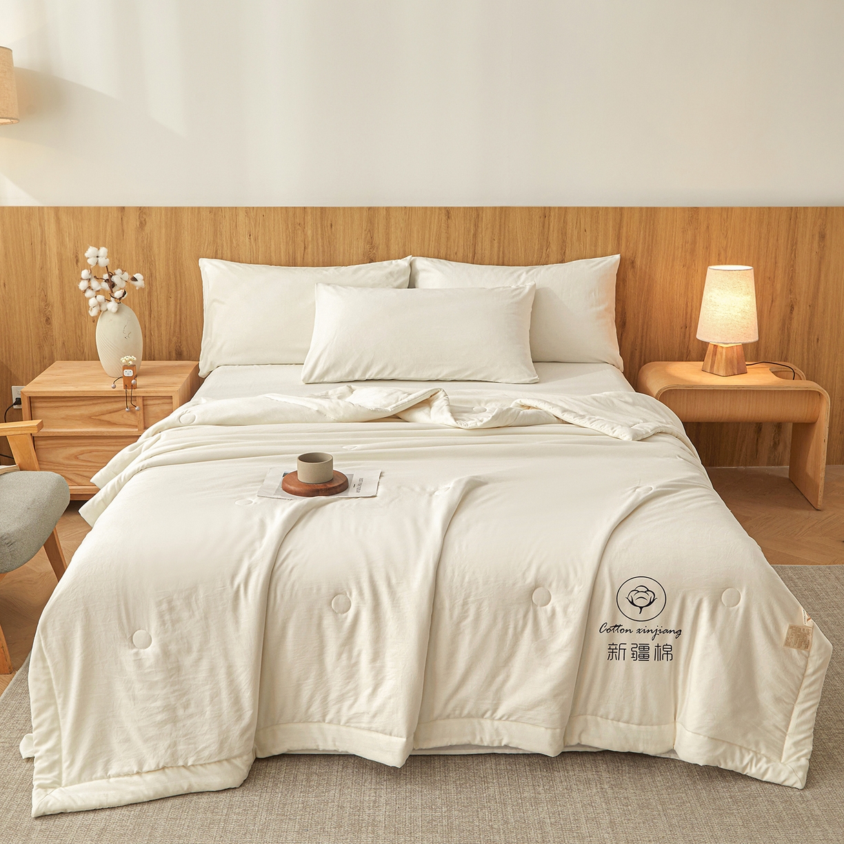 91家纺网 家纺一手货源 找家纺 晓时候 2026春夏新款纯色水洗棉双拼夏被新疆棉花被夏凉被空调被被子被芯-素夏 素夏-奶白