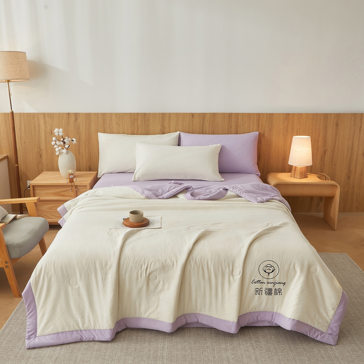 91家纺网 家纺一手货源 找家纺 晓时候 2026春夏新款纯色水洗棉双拼夏被新疆棉花被夏凉被空调被被子被芯-素夏 素夏-白紫