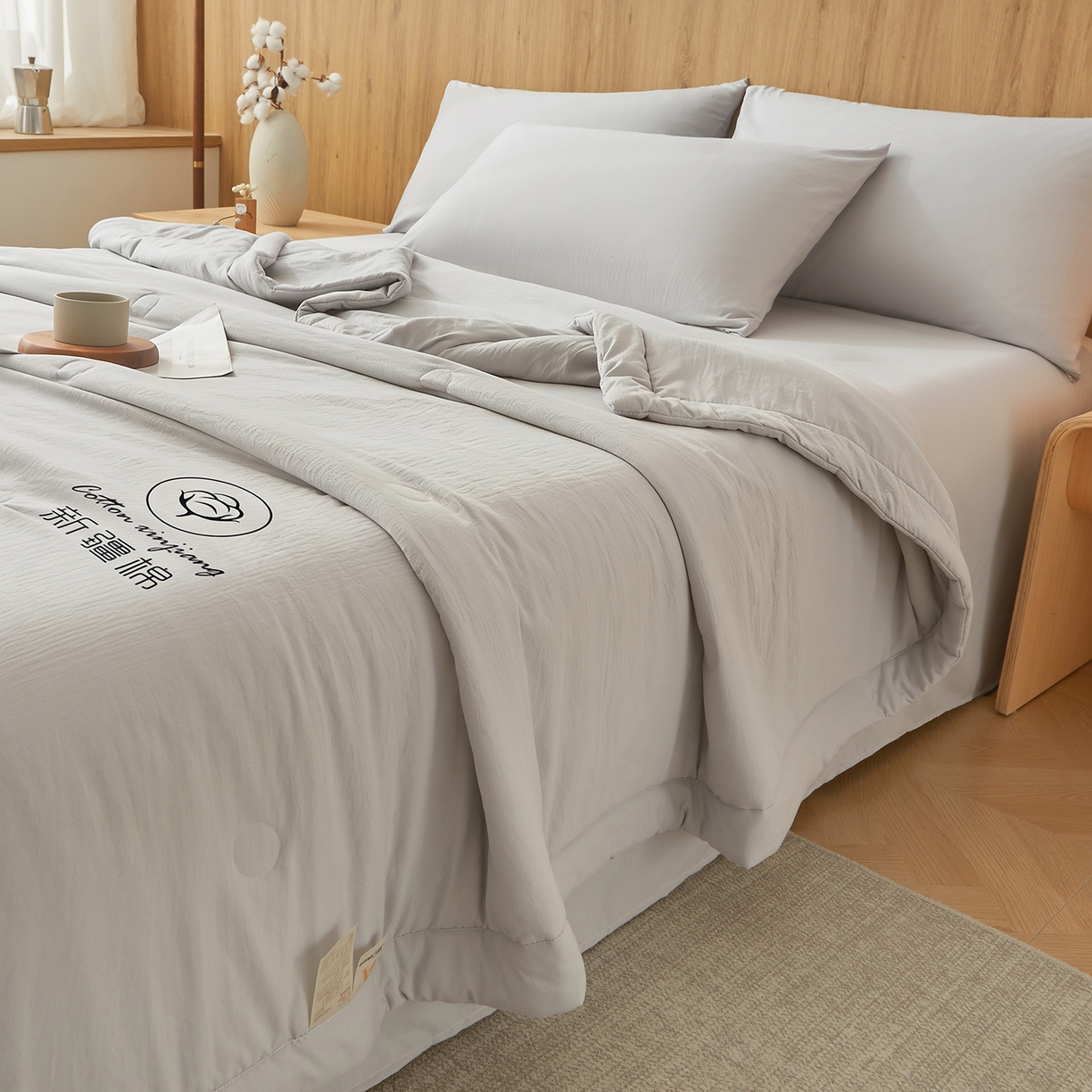 91家纺网 家纺一手货源 找家纺 晓时候 2026春夏新款纯色水洗棉双拼夏被新疆棉花被夏凉被空调被被子被芯-素夏 素夏-浅灰