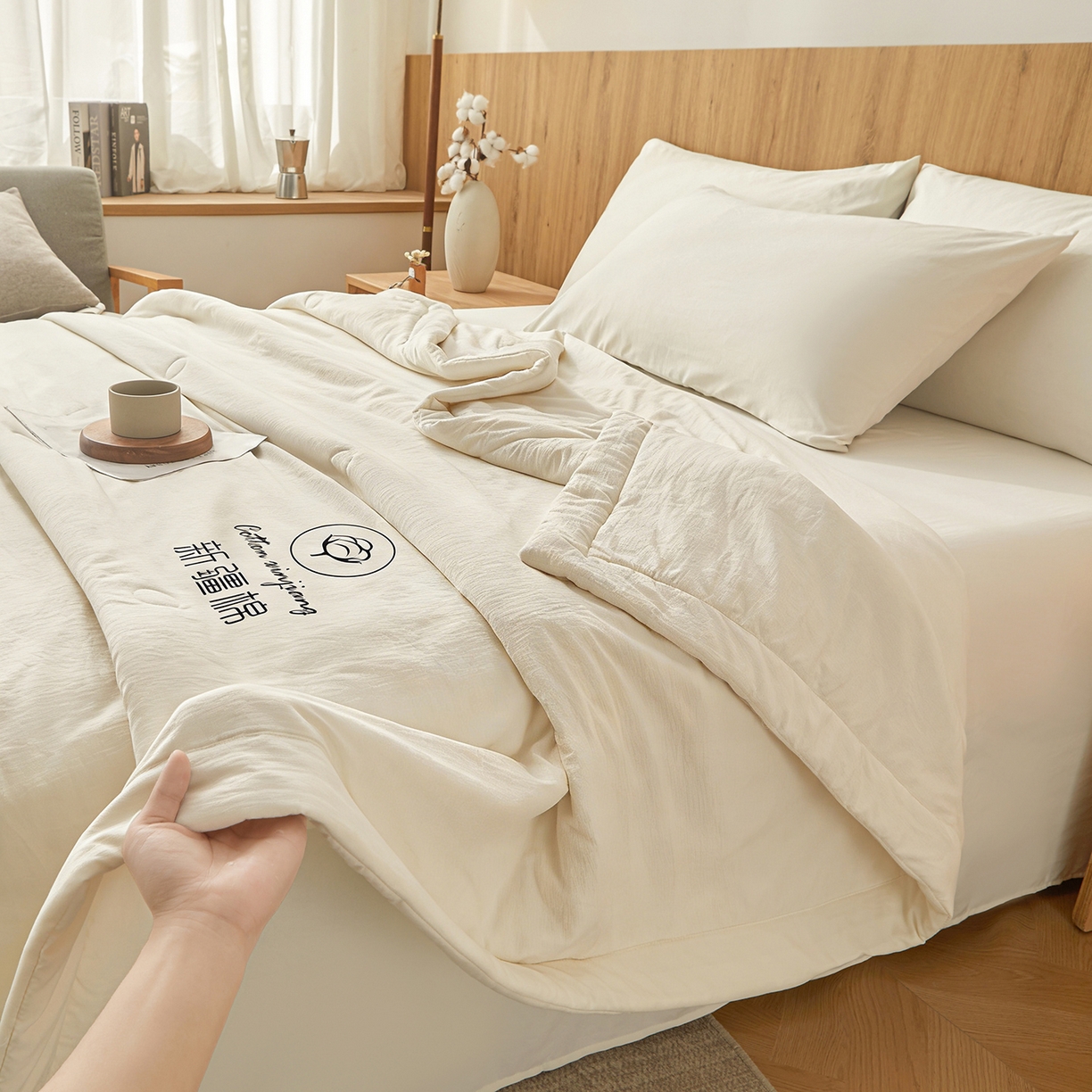 91家纺网 家纺一手货源 找家纺 晓时候 2026春夏新款纯色水洗棉双拼夏被新疆棉花被夏凉被空调被被子被芯-素夏 素夏-奶白