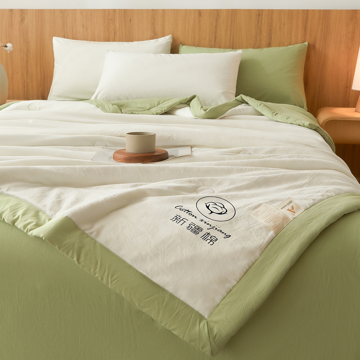 91家纺网 家纺一手货源 找家纺 晓时候 2026春夏新款纯色水洗棉双拼夏被新疆棉花被夏凉被空调被被子被芯-素夏 素夏-白果绿