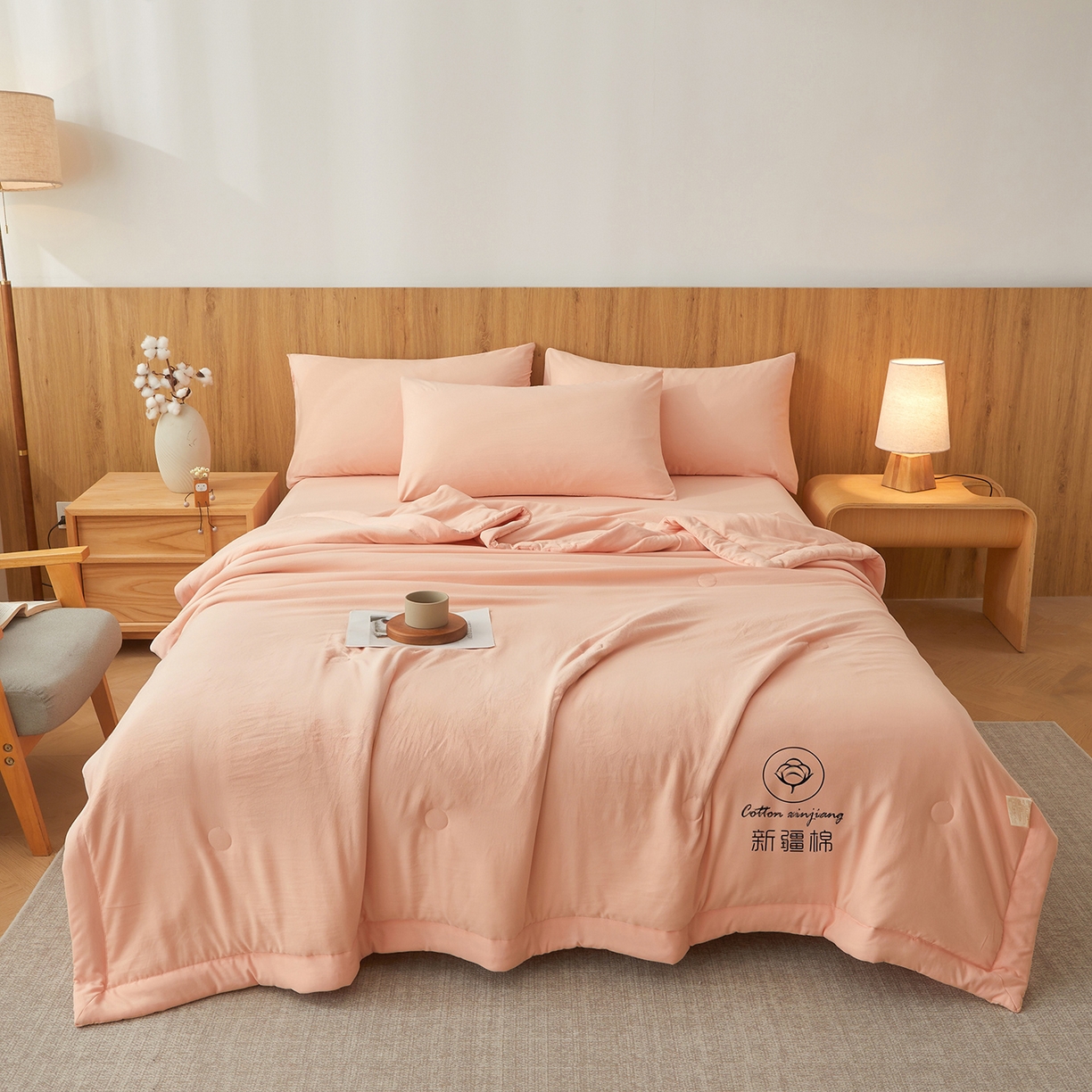 91家纺网 家纺一手货源 找家纺 晓时候 2026春夏新款纯色水洗棉双拼夏被新疆棉花被夏凉被空调被被子被芯-素夏 素夏-少女粉