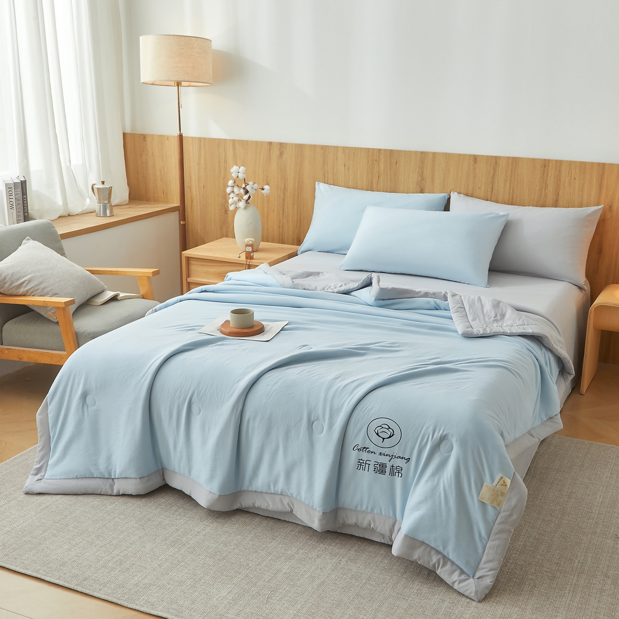 91家纺网 家纺一手货源 找家纺 晓时候 2026春夏新款纯色水洗棉双拼夏被新疆棉花被夏凉被空调被被子被芯-素夏 素夏-蓝灰