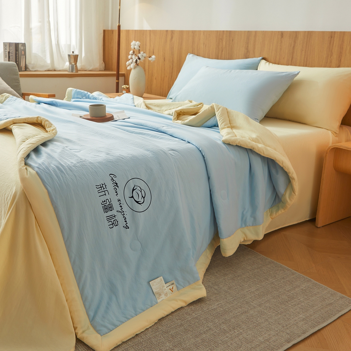 91家纺网 家纺一手货源 找家纺 晓时候 2026春夏新款纯色水洗棉双拼夏被新疆棉花被夏凉被空调被被子被芯-素夏 素夏-蓝黄