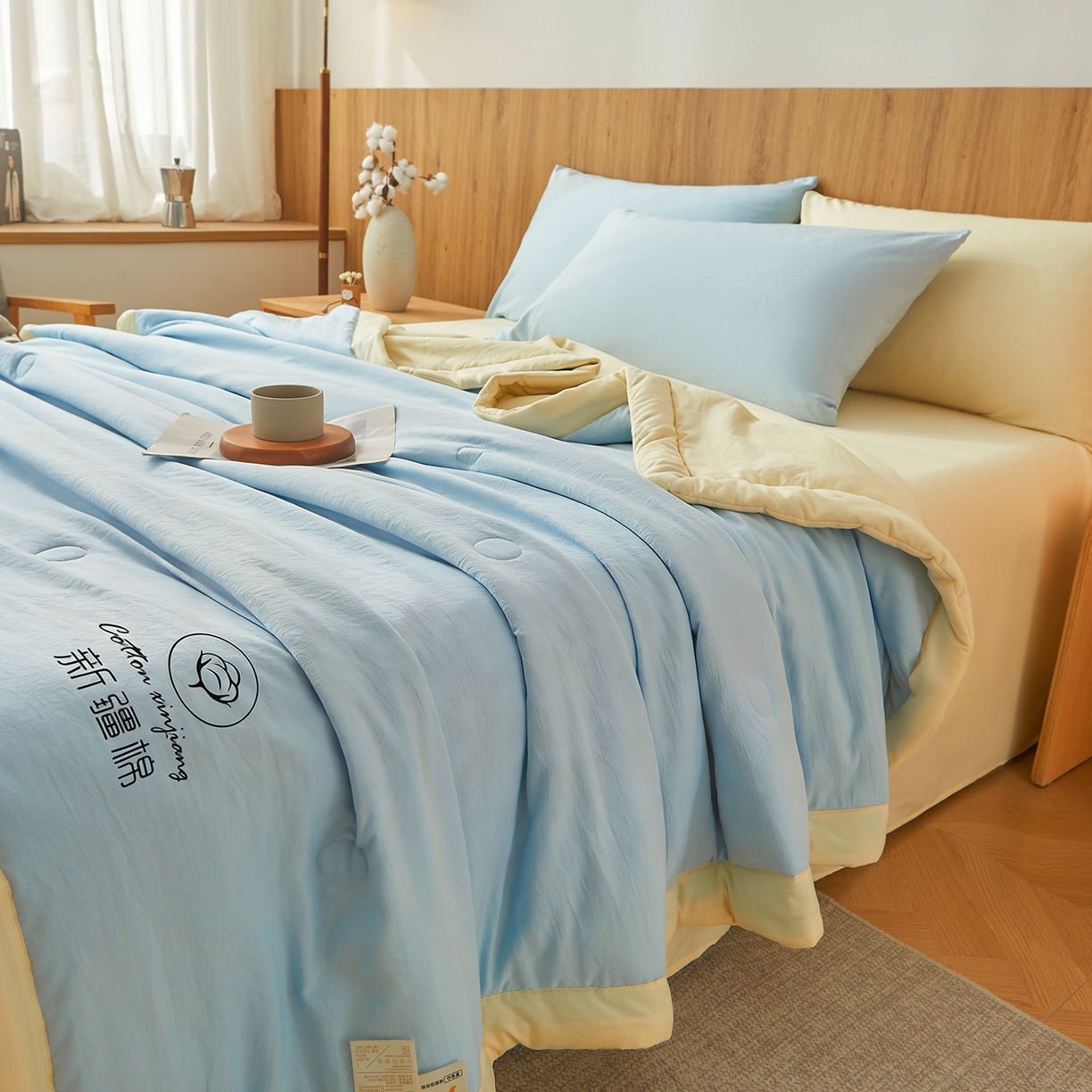 91家纺网 家纺一手货源 找家纺 晓时候 2026春夏新款纯色水洗棉双拼夏被新疆棉花被夏凉被空调被被子被芯-素夏 素夏-蓝黄