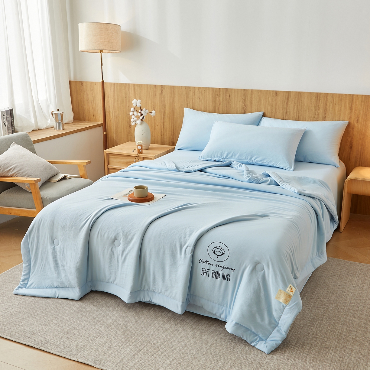 91家纺网 家纺一手货源 找家纺 晓时候 2026春夏新款纯色水洗棉双拼夏被新疆棉花被夏凉被空调被被子被芯-素夏 素夏-天蓝