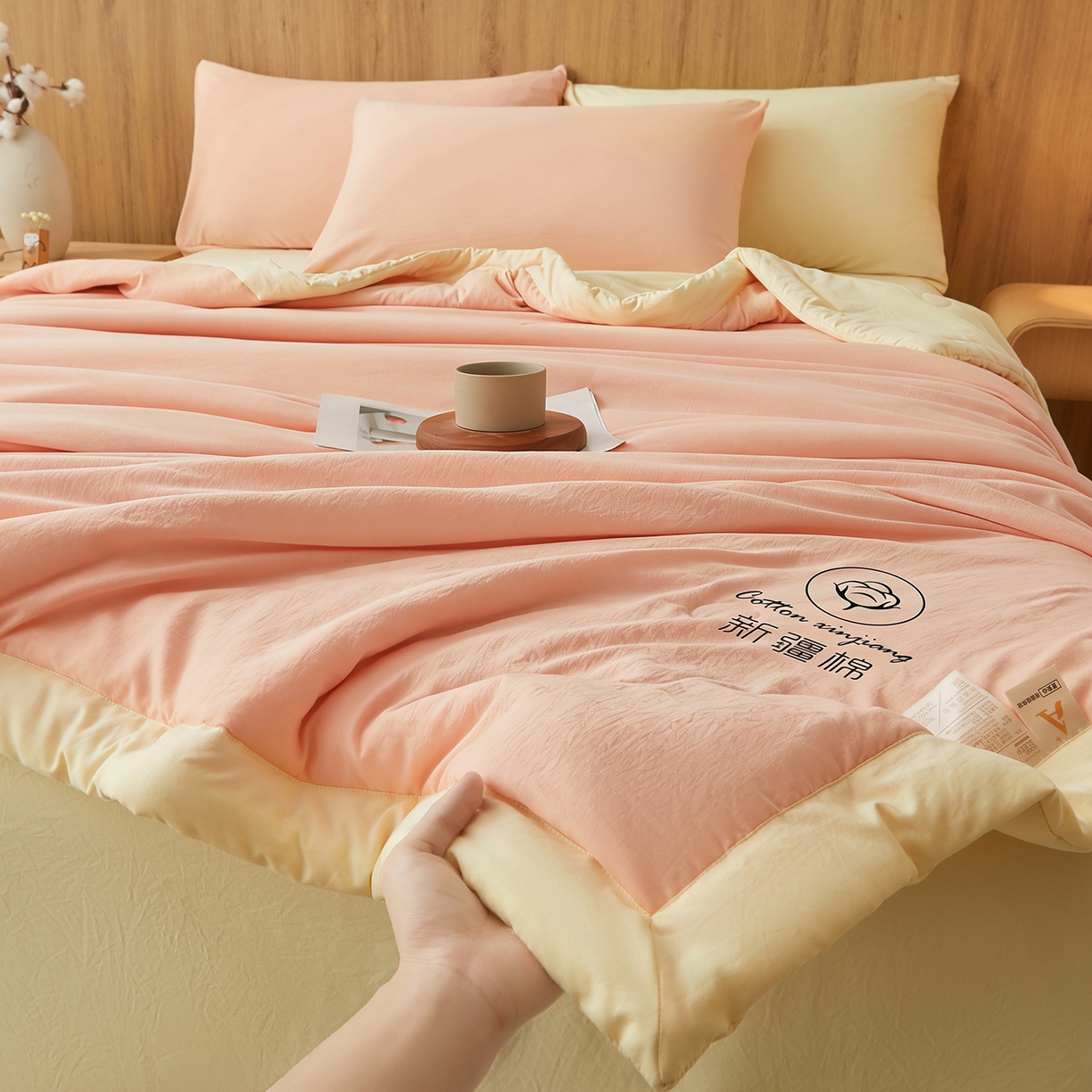 91家纺网 家纺一手货源 找家纺 晓时候 2026春夏新款纯色水洗棉双拼夏被新疆棉花被夏凉被空调被被子被芯-素夏 素夏-粉黄