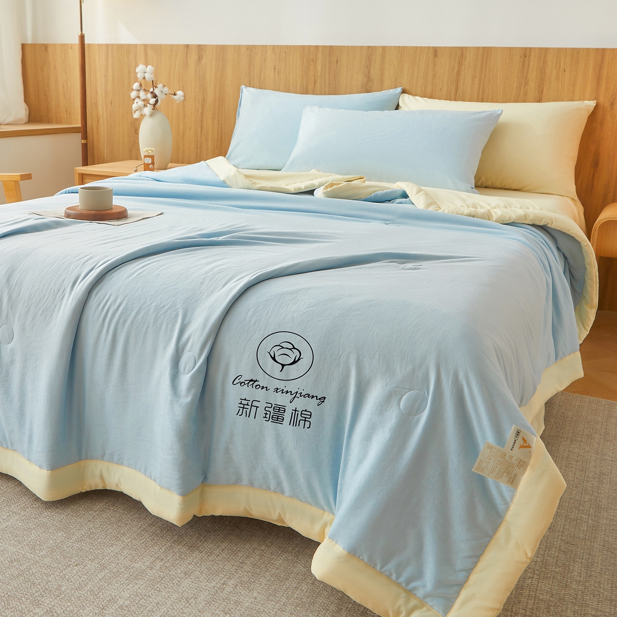 91家纺网 家纺一手货源 找家纺 晓时候 2026春夏新款纯色水洗棉双拼夏被新疆棉花被夏凉被空调被被子被芯-素夏 素夏-蓝黄