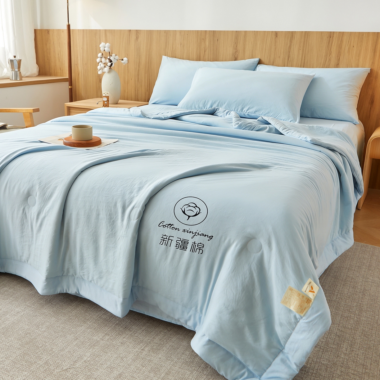 91家纺网 家纺一手货源 找家纺 晓时候 2026春夏新款纯色水洗棉双拼夏被新疆棉花被夏凉被空调被被子被芯-素夏 素夏-天蓝