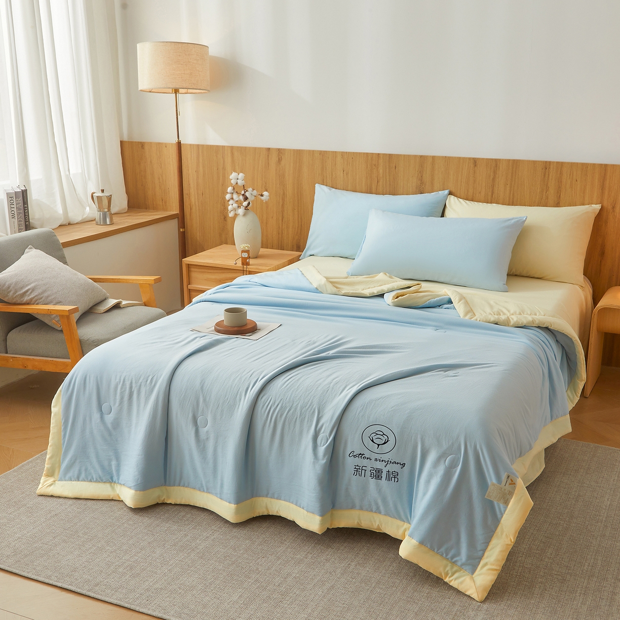 91家纺网 家纺一手货源 找家纺 晓时候 2026春夏新款纯色水洗棉双拼夏被新疆棉花被夏凉被空调被被子被芯-素夏 素夏-蓝黄