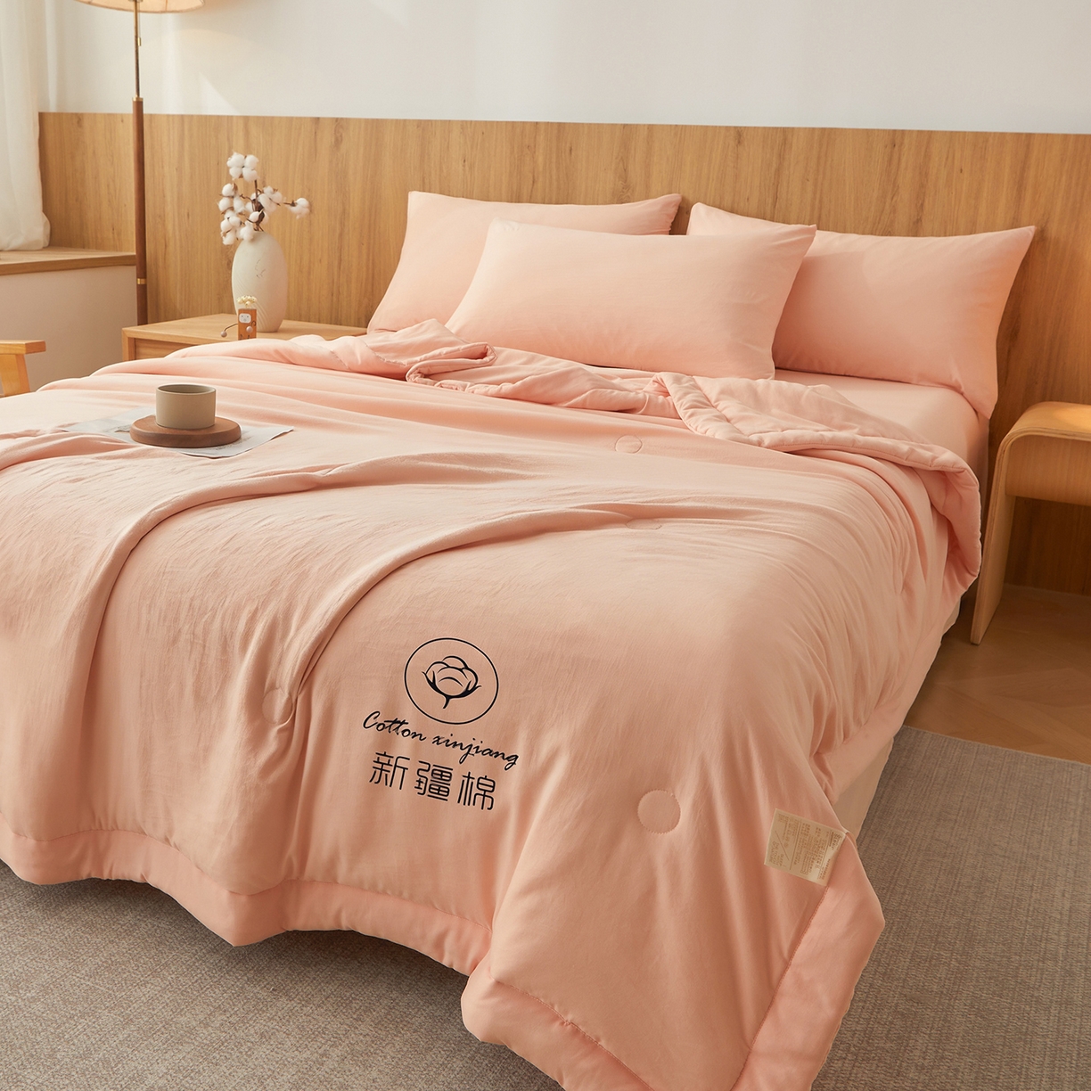91家纺网 家纺一手货源 找家纺 晓时候 2026春夏新款纯色水洗棉双拼夏被新疆棉花被夏凉被空调被被子被芯-素夏 素夏-少女粉