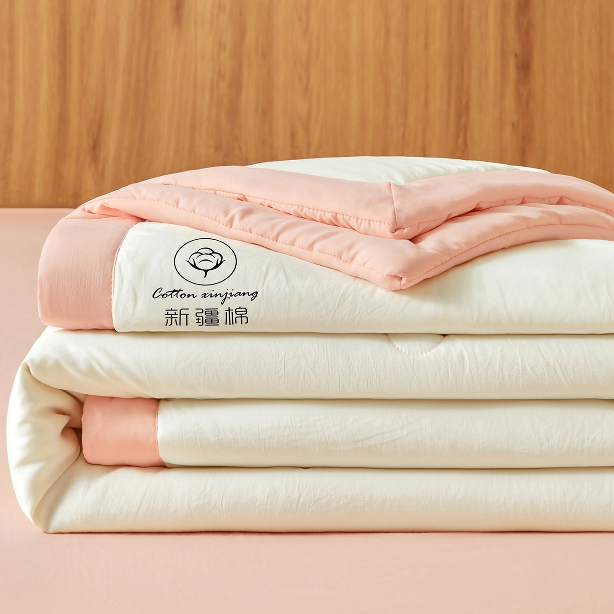 91家纺网 家纺一手货源 找家纺 晓时候 2026春夏新款纯色水洗棉双拼夏被新疆棉花被夏凉被空调被被子被芯-素夏 素夏-白粉