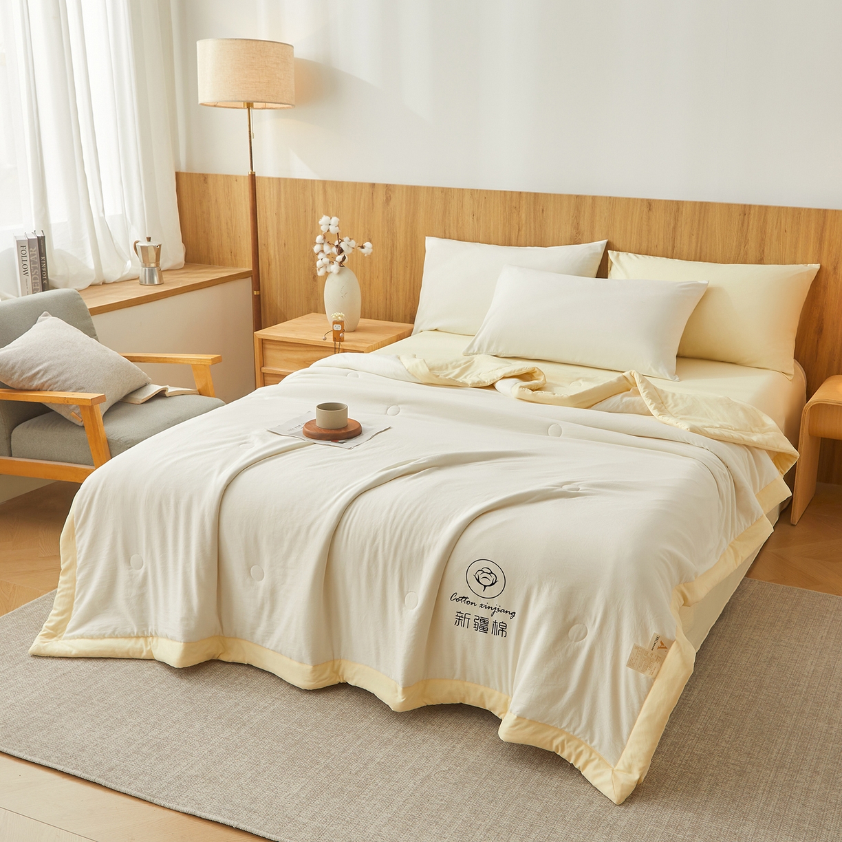 91家纺网 家纺一手货源 找家纺 晓时候 2026春夏新款纯色水洗棉双拼夏被新疆棉花被夏凉被空调被被子被芯-素夏 素夏-白黄