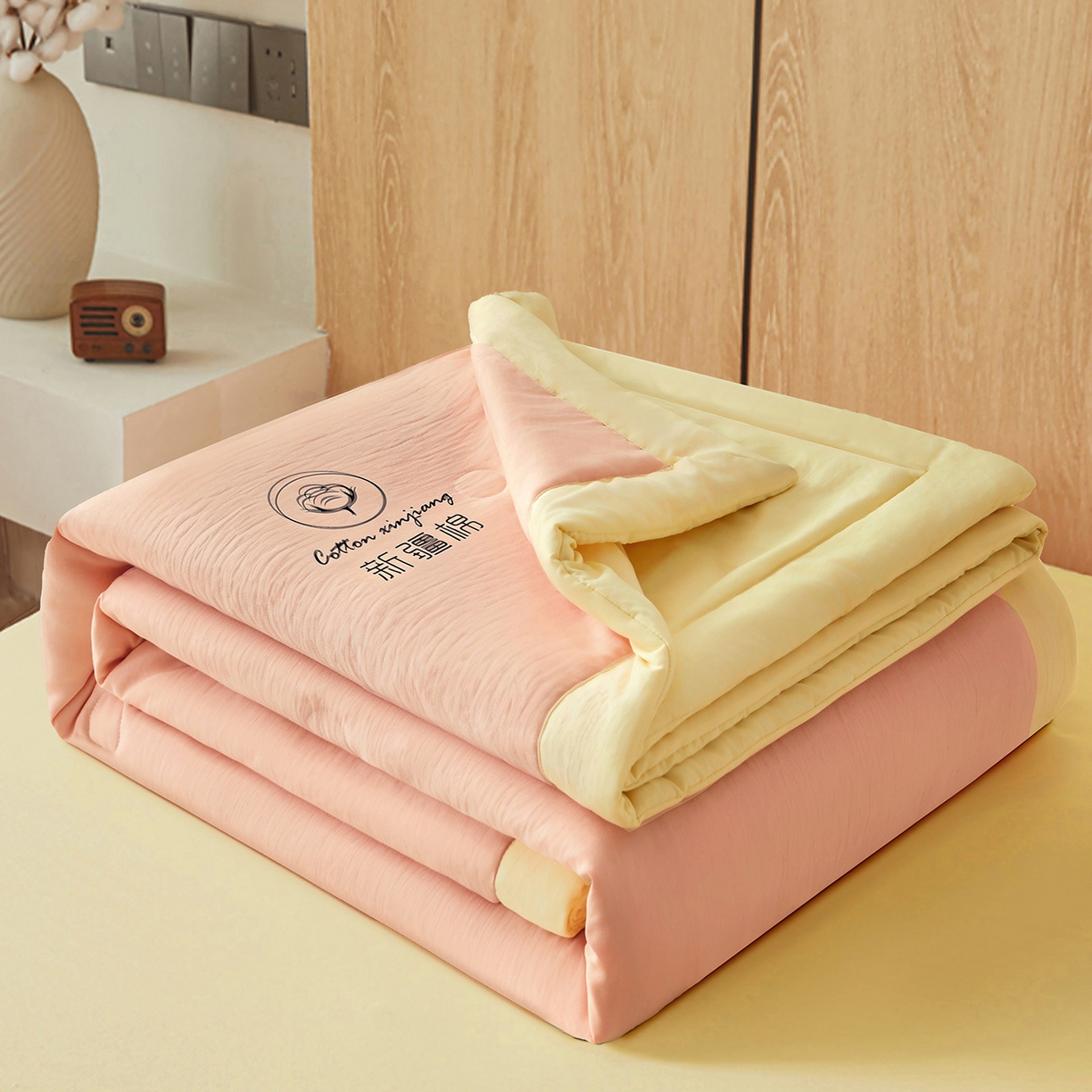 91家纺网 家纺一手货源 找家纺 晓时候 2026春夏新款纯色水洗棉双拼夏被新疆棉花被夏凉被空调被被子被芯-素夏 素夏-粉黄