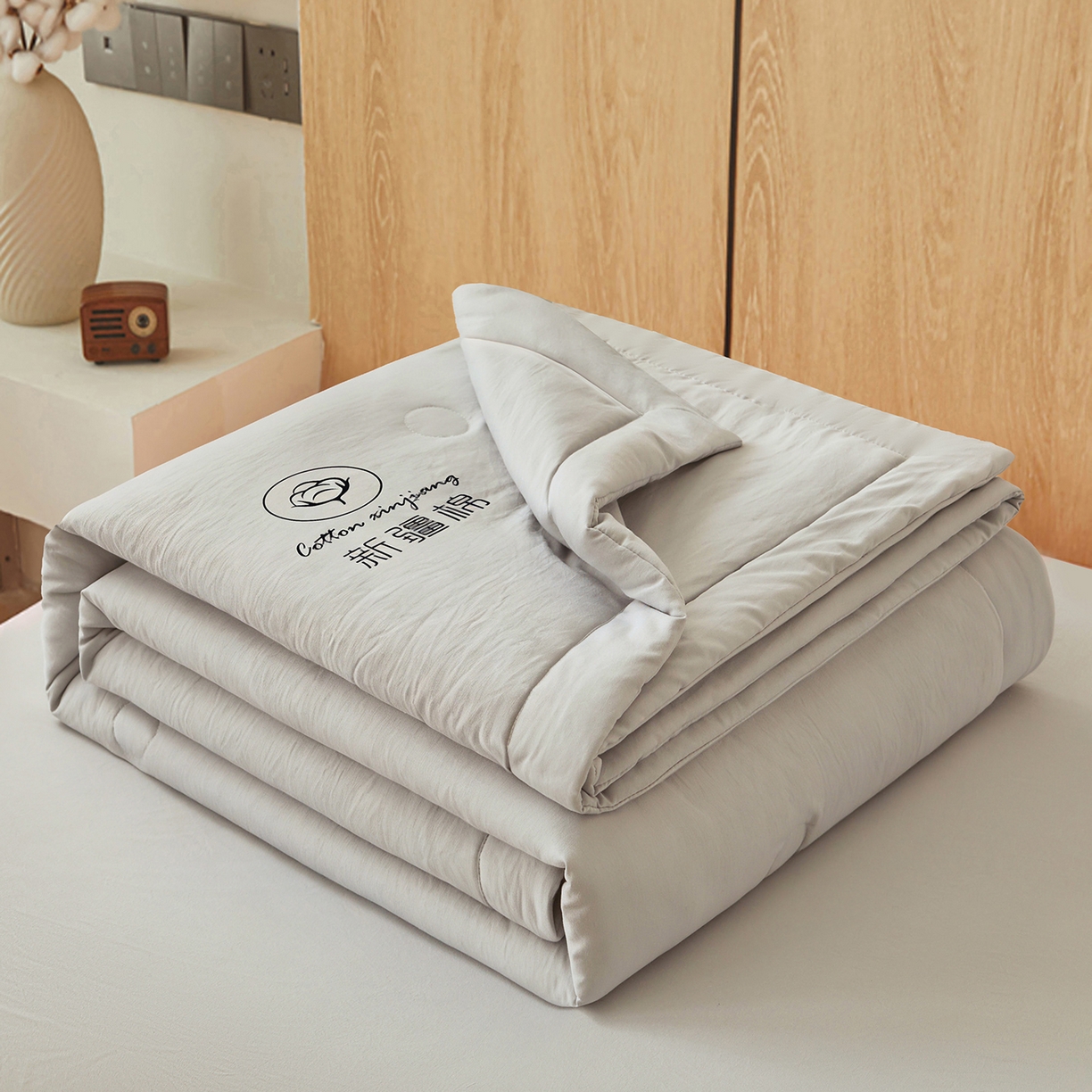 91家纺网 家纺一手货源 找家纺 晓时候 2026春夏新款纯色水洗棉双拼夏被新疆棉花被夏凉被空调被被子被芯-素夏 素夏-浅灰