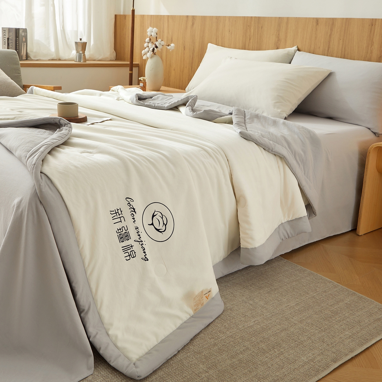 91家纺网 家纺一手货源 找家纺 晓时候 2026春夏新款纯色水洗棉双拼夏被新疆棉花被夏凉被空调被被子被芯-素夏 素夏-白灰