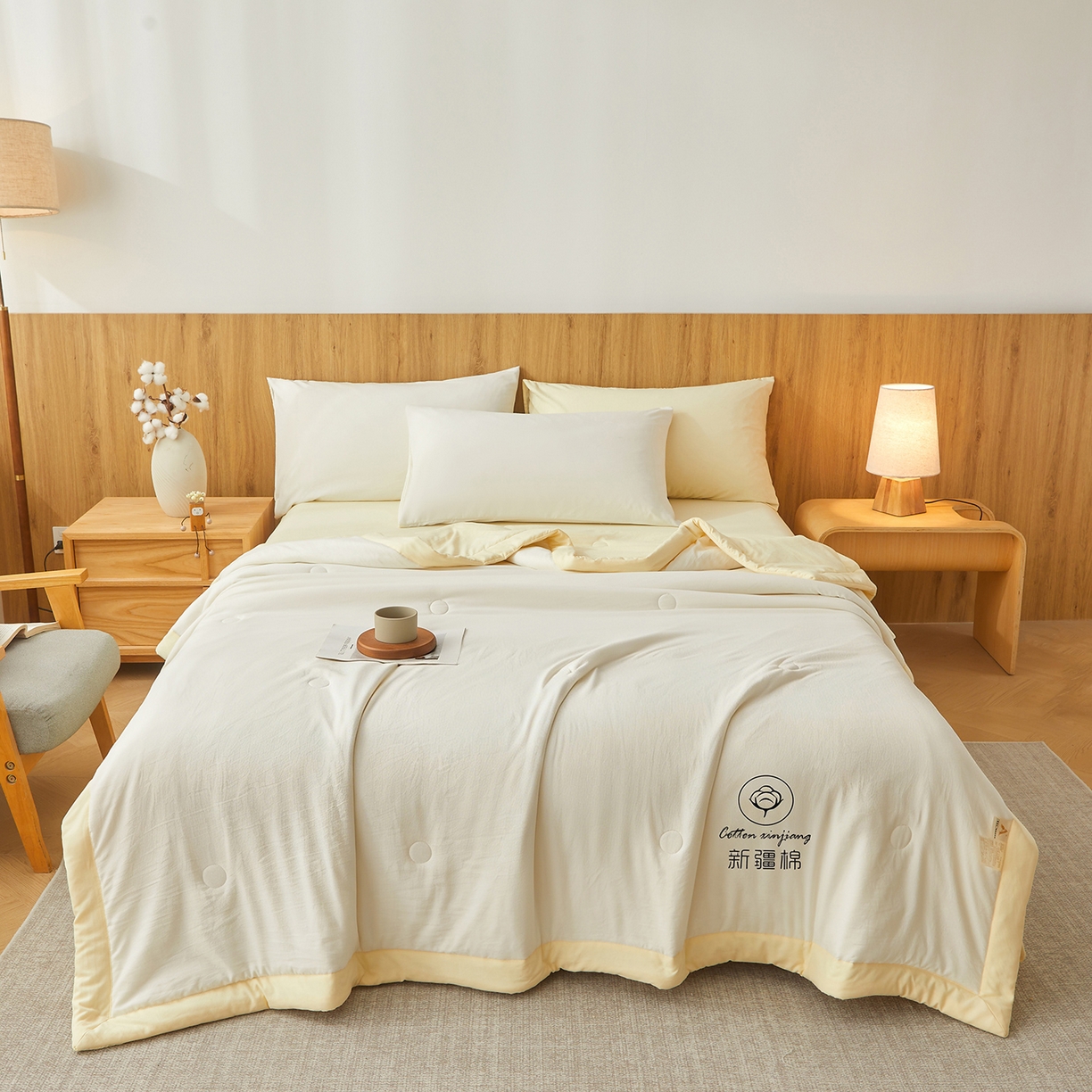 91家纺网 家纺一手货源 找家纺 晓时候 2026春夏新款纯色水洗棉双拼夏被新疆棉花被夏凉被空调被被子被芯-素夏 素夏-白黄