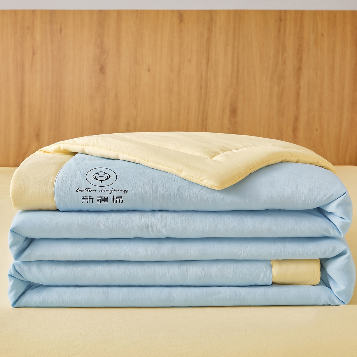 91家纺网 家纺一手货源 找家纺 晓时候 2026春夏新款纯色水洗棉双拼夏被新疆棉花被夏凉被空调被被子被芯-素夏 素夏-蓝黄