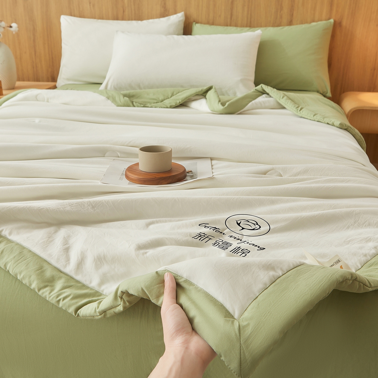 91家纺网 家纺一手货源 找家纺 晓时候 2026春夏新款纯色水洗棉双拼夏被新疆棉花被夏凉被空调被被子被芯-素夏 素夏-白果绿