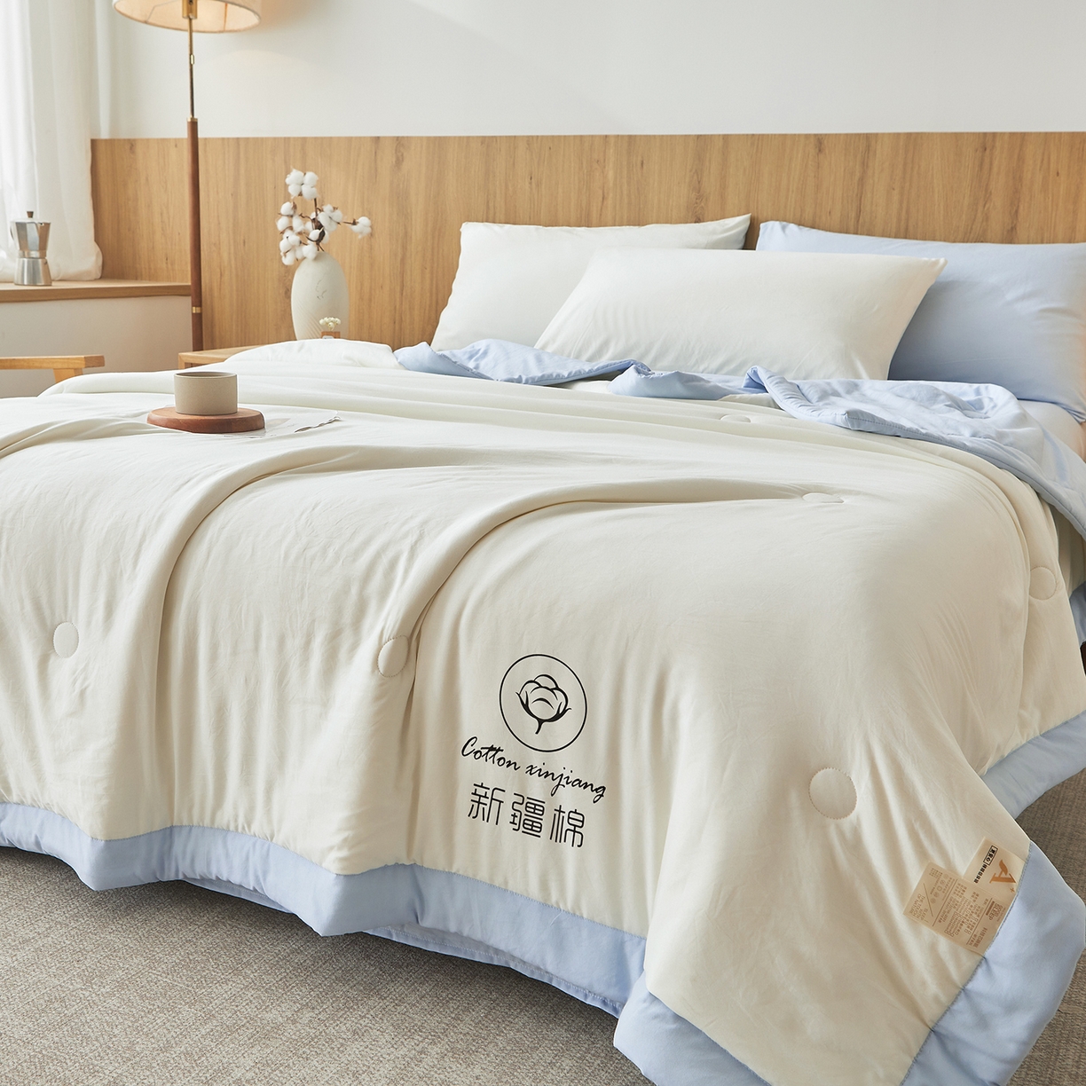91家纺网 家纺一手货源 找家纺 晓时候 2026春夏新款纯色水洗棉双拼夏被新疆棉花被夏凉被空调被被子被芯-素夏 素夏-白蓝