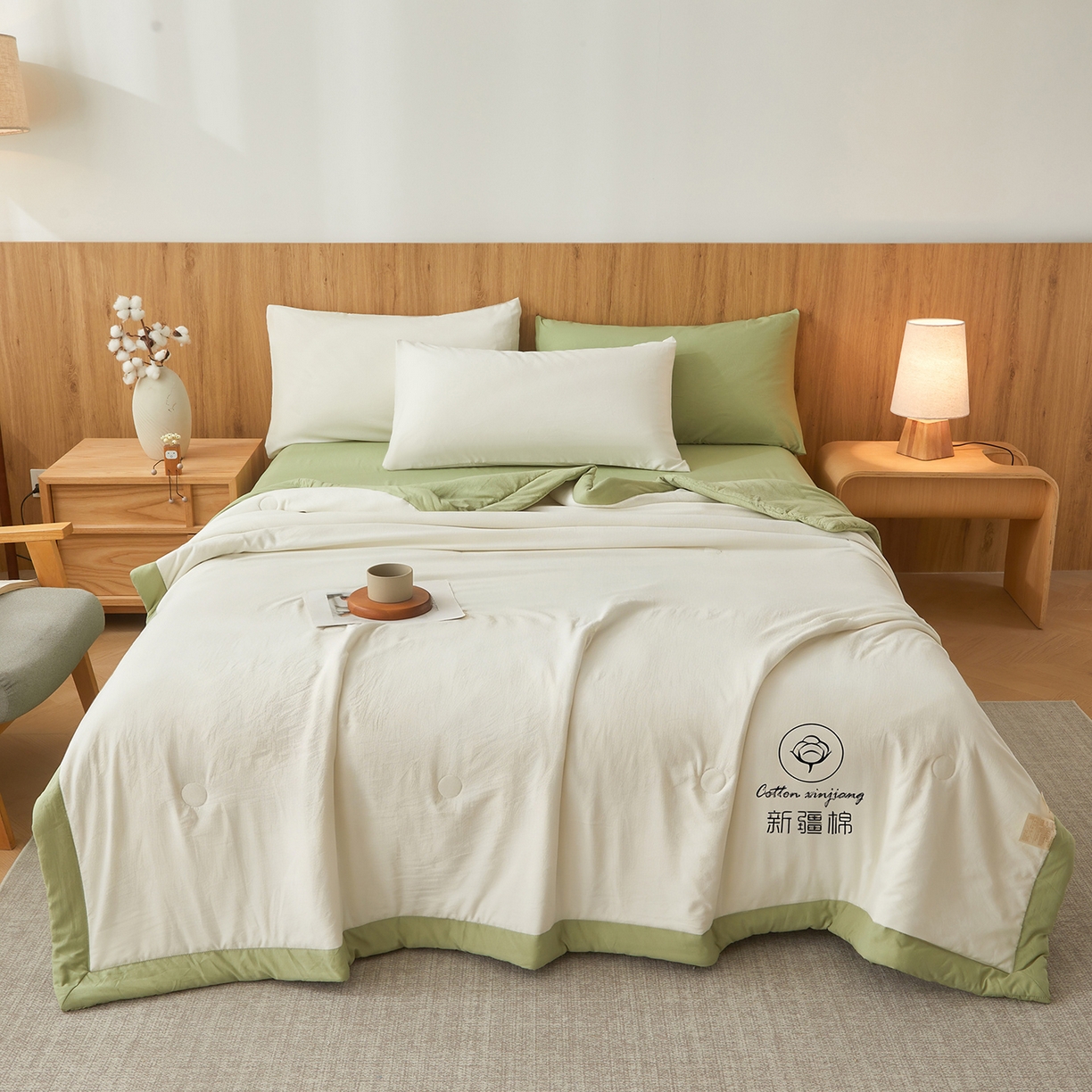 91家纺网 家纺一手货源 找家纺 晓时候 2026春夏新款纯色水洗棉双拼夏被新疆棉花被夏凉被空调被被子被芯-素夏 素夏-白果绿