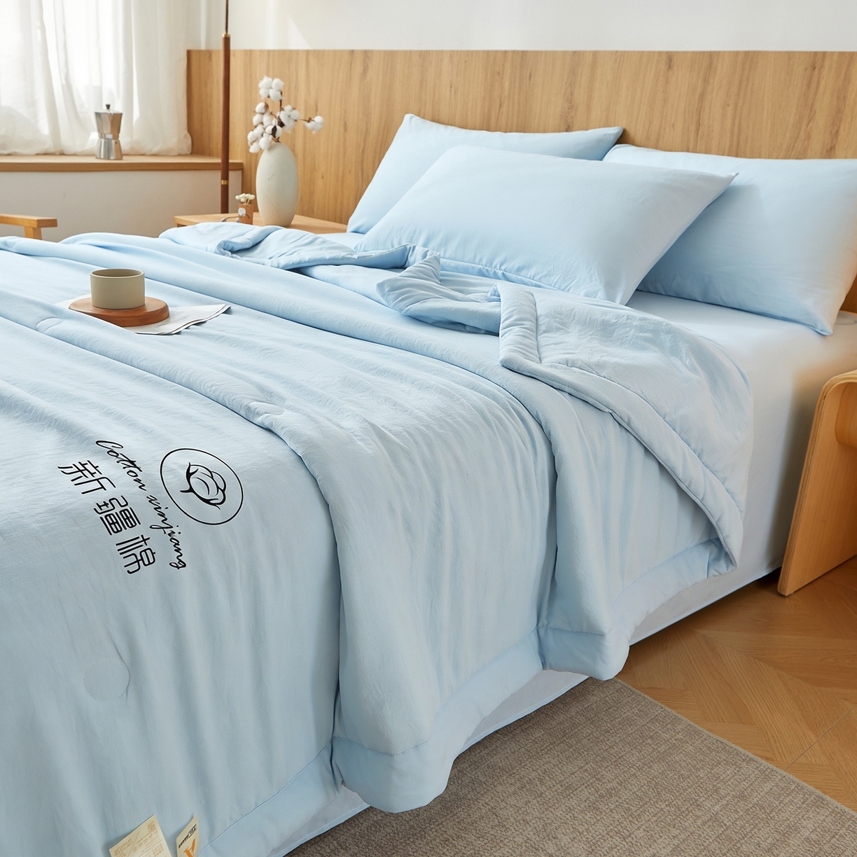 91家纺网 家纺一手货源 找家纺 晓时候 2026春夏新款纯色水洗棉双拼夏被新疆棉花被夏凉被空调被被子被芯-素夏 素夏-天蓝