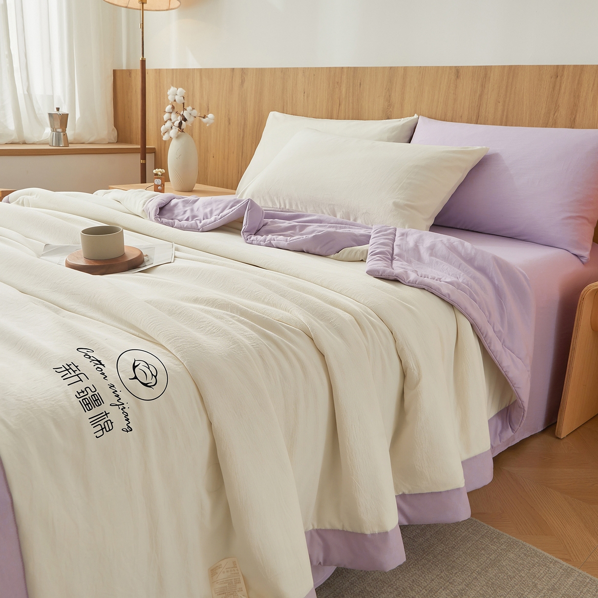 91家纺网 家纺一手货源 找家纺 晓时候 2026春夏新款纯色水洗棉双拼夏被新疆棉花被夏凉被空调被被子被芯-素夏 素夏-白紫