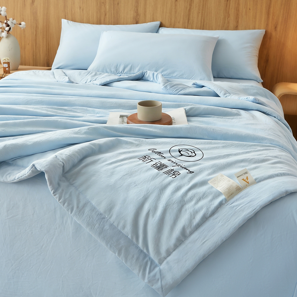 91家纺网 家纺一手货源 找家纺 晓时候 2026春夏新款纯色水洗棉双拼夏被新疆棉花被夏凉被空调被被子被芯-素夏 素夏-天蓝