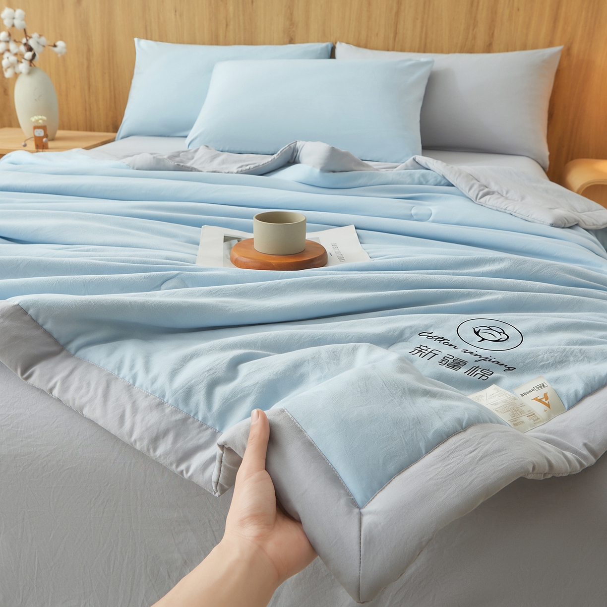 91家纺网 家纺一手货源 找家纺 晓时候 2026春夏新款纯色水洗棉双拼夏被新疆棉花被夏凉被空调被被子被芯-素夏 素夏-蓝灰