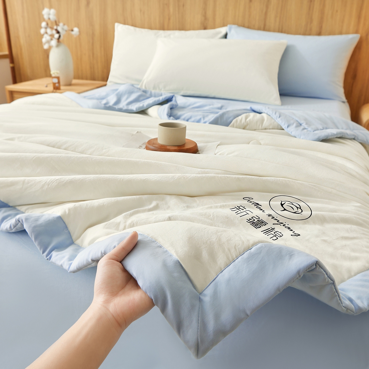 91家纺网 家纺一手货源 找家纺 晓时候 2026春夏新款纯色水洗棉双拼夏被新疆棉花被夏凉被空调被被子被芯-素夏 素夏-白蓝