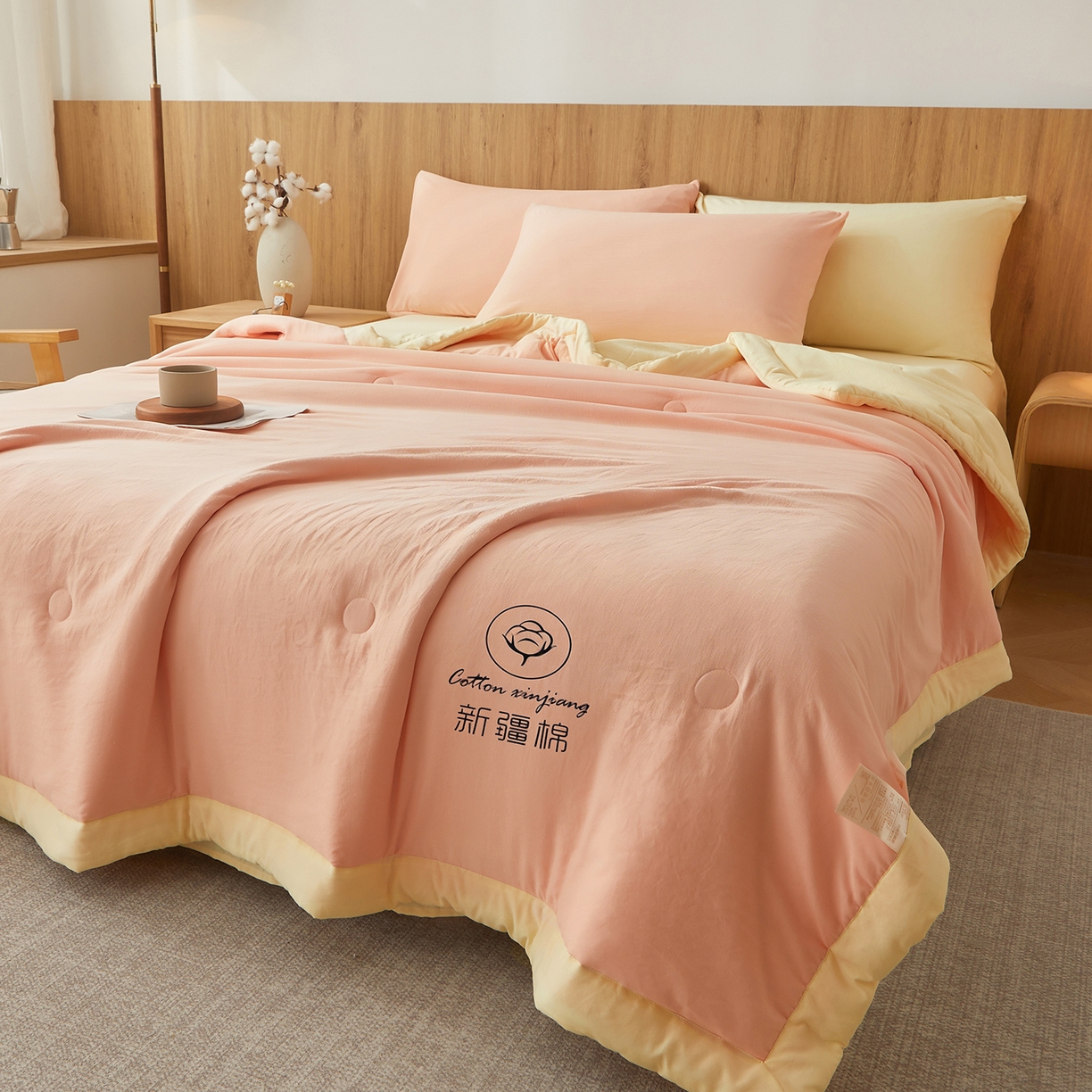 91家纺网 家纺一手货源 找家纺 晓时候 2026春夏新款纯色水洗棉双拼夏被新疆棉花被夏凉被空调被被子被芯-素夏 素夏-粉黄