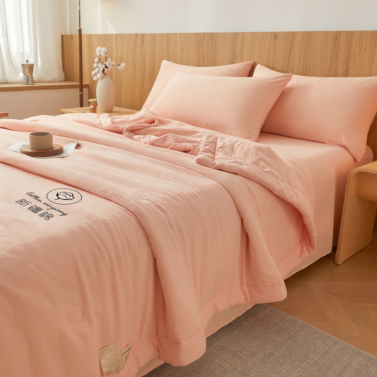 91家纺网 家纺一手货源 找家纺 晓时候 2026春夏新款纯色水洗棉双拼夏被新疆棉花被夏凉被空调被被子被芯-素夏 素夏-少女粉