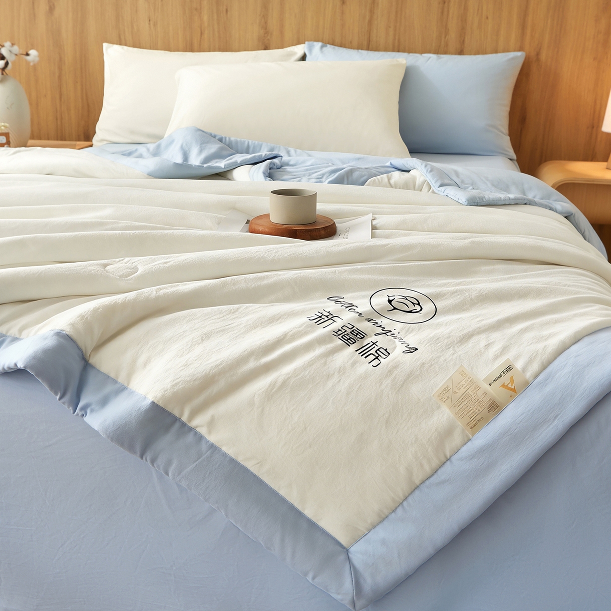 91家纺网 家纺一手货源 找家纺 晓时候 2026春夏新款纯色水洗棉双拼夏被新疆棉花被夏凉被空调被被子被芯-素夏 素夏-白蓝