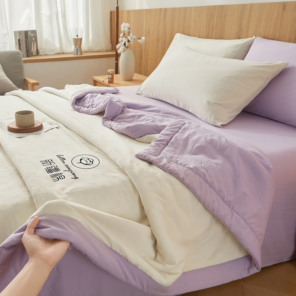 91家纺网 家纺一手货源 找家纺 晓时候 2026春夏新款纯色水洗棉双拼夏被新疆棉花被夏凉被空调被被子被芯-素夏 素夏-白紫
