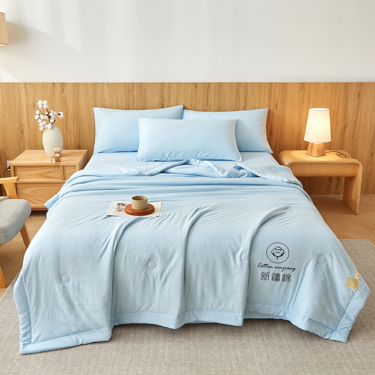 91家纺网 家纺一手货源 找家纺 晓时候 2026春夏新款纯色水洗棉双拼夏被新疆棉花被夏凉被空调被被子被芯-素夏 素夏-天蓝