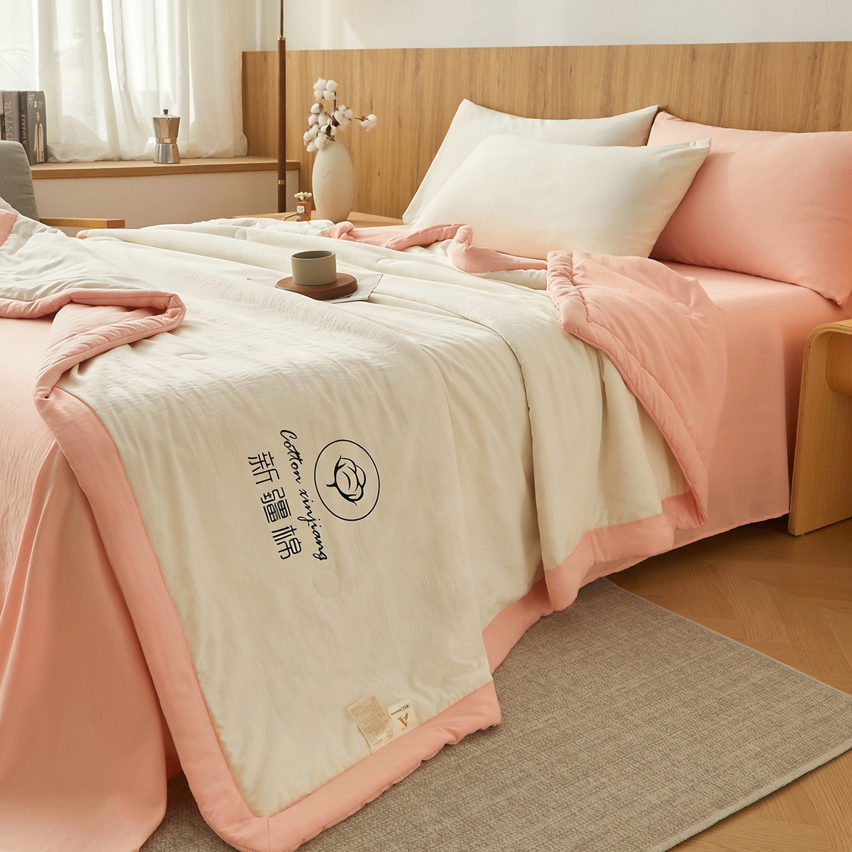 91家纺网 家纺一手货源 找家纺 晓时候 2026春夏新款纯色水洗棉双拼夏被新疆棉花被夏凉被空调被被子被芯-素夏 素夏-白粉