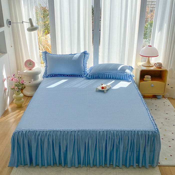 91家纺网 家纺一手货源 找家纺 （总）七里香 2026春夏新款2026新款华夫格3D千鸟格冰豆豆凉席床裙款三件套