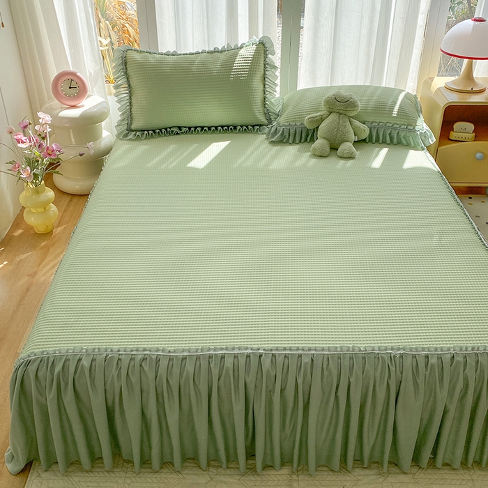 91家纺网 家纺一手货源 找家纺 七里香 2026春夏新款2026新款华夫格3D千鸟格冰豆豆凉席床裙款三件套 华夫格-果绿