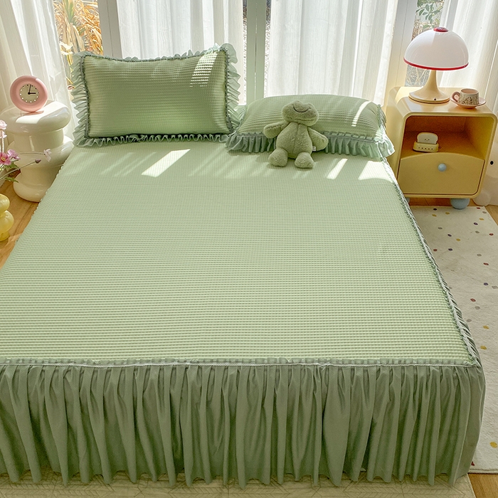 91家纺网 家纺一手货源 找家纺 七里香 2026春夏新款2026新款华夫格3D千鸟格冰豆豆凉席床裙款三件套 华夫格-果绿