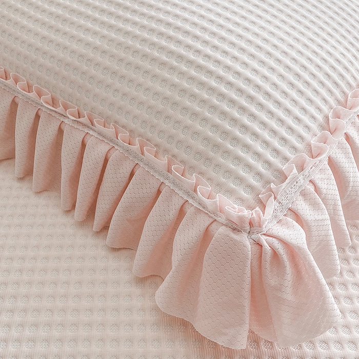 91家纺网 家纺一手货源 找家纺 七里香 2026春夏新款2026新款华夫格3D千鸟格冰豆豆凉席床裙款三件套 华夫格-粉玉