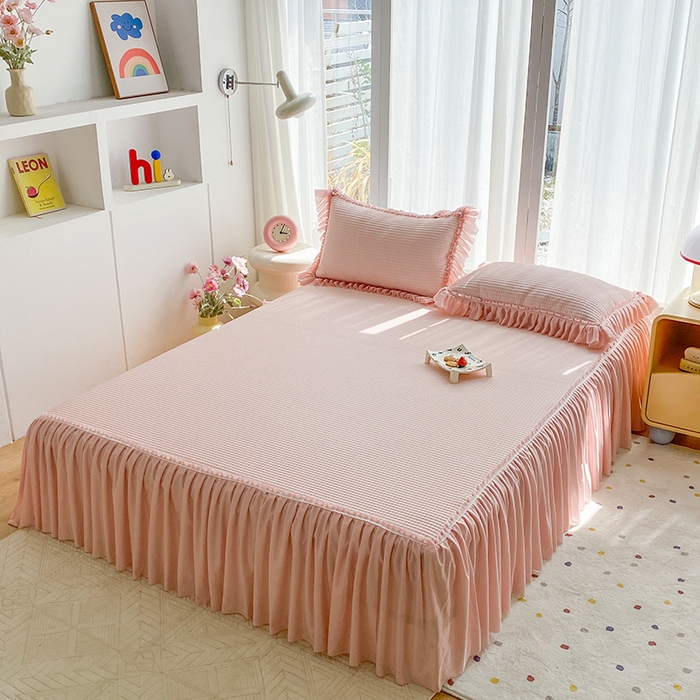 91家纺网 家纺一手货源 找家纺 七里香 2026春夏新款2026新款华夫格3D千鸟格冰豆豆凉席床裙款三件套 华夫格-粉玉