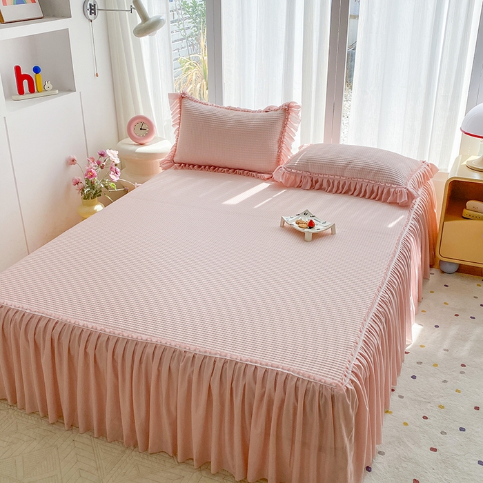 91家纺网 家纺一手货源 找家纺 七里香 2026春夏新款2026新款华夫格3D千鸟格冰豆豆凉席床裙款三件套 华夫格-粉玉