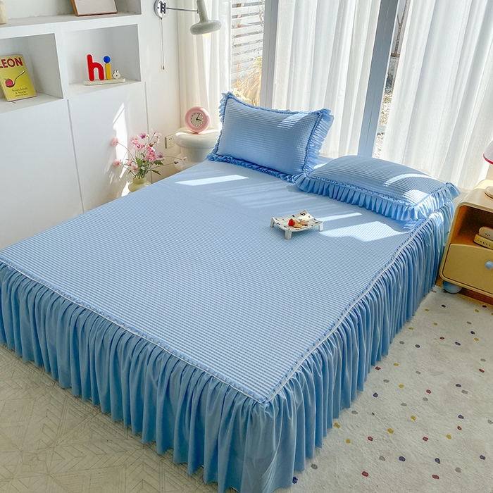 91家纺网 家纺一手货源 找家纺 七里香 2026春夏新款2026新款华夫格3D千鸟格冰豆豆凉席床裙款三件套 华夫格-天蓝