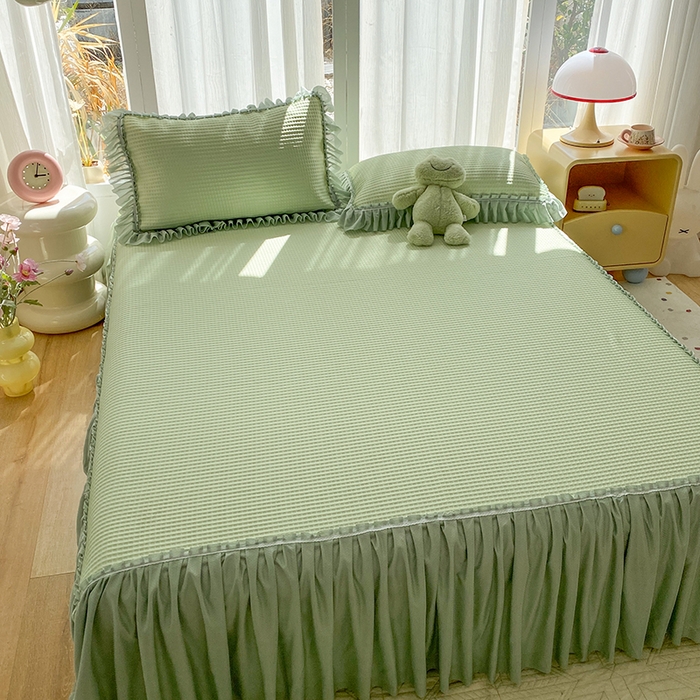 91家纺网 家纺一手货源 找家纺 七里香 2026春夏新款2026新款华夫格3D千鸟格冰豆豆凉席床裙款三件套 华夫格-果绿